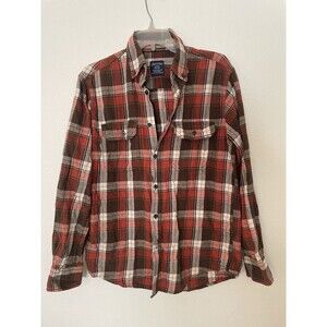 Faded Glory Flannel Mens Size Small Red Brown Plaid Flannel Button Up Shirt